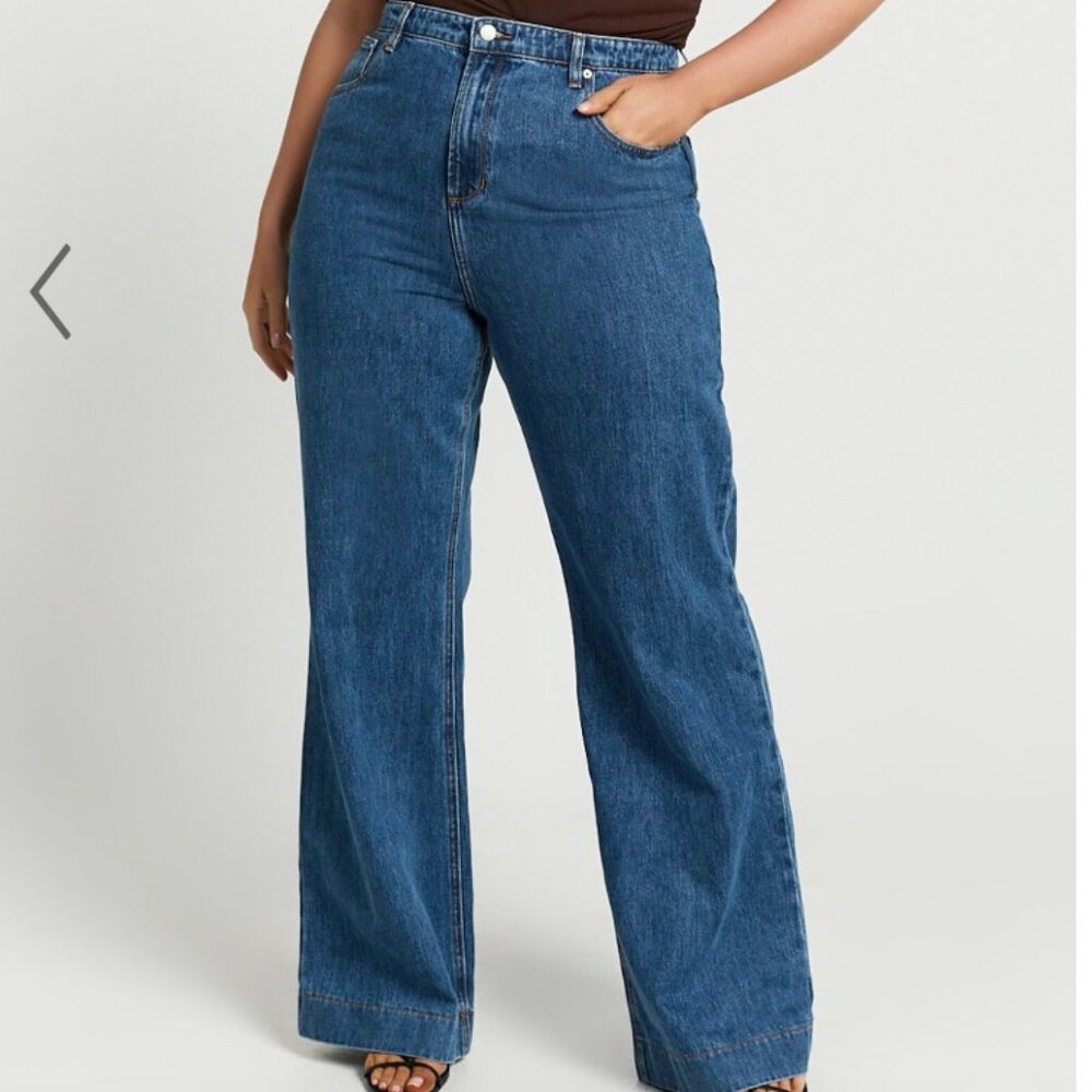 Showpo Emman Jeans  High Waisted Cotton Wide Leg Denim Jeans in Dark Blue Wash